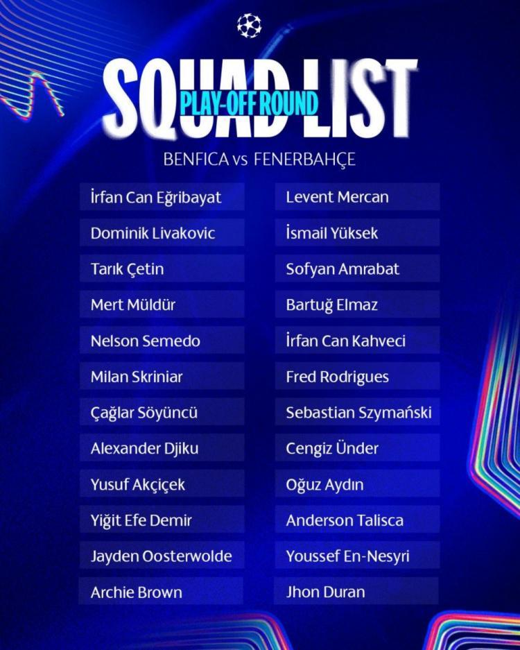 费内巴切欧冠资附加赛名单：塔利斯卡、杜兰领衔锋线